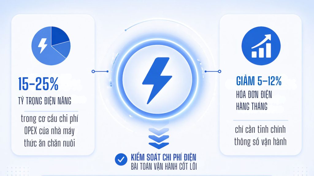 15-25% TỶ TRỌNG ĐIỆN NĂNG trong cơ cấu chi phí OPEX của nhà máy thức ăn chăn nuôi KIỂM SOÁT CHI PHÍ ĐIỆN BÀI TOÁN VẬN HÀNH CỐT LÕI là nâng lợi nhuận ròng cho nhà máy Feed HẠ MỖI KWh TỐI ƯU HÔM NAY tăng khả năng cạnh tranh ngày mai GIẢM 5–12% HÓA ĐƠN ĐIỆN HÀNG THÁNG chỉ cần tinh chỉnh thông số vận hành
