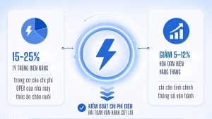 15-25% TỶ TRỌNG ĐIỆN NĂNG trong cơ cấu chi phí OPEX của nhà máy thức ăn chăn nuôi KIỂM SOÁT CHI PHÍ ĐIỆN BÀI TOÁN VẬN HÀNH CỐT LÕI là nâng lợi nhuận ròng cho nhà máy Feed HẠ MỖI KWh TỐI ƯU HÔM NAY tăng khả năng cạnh tranh ngày mai GIẢM 5–12% HÓA ĐƠN ĐIỆN HÀNG THÁNG chỉ cần tinh chỉnh thông số vận hành